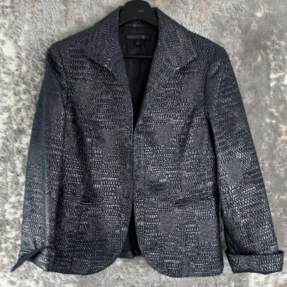 Lafayette 148 Size 8 Alpaca Wool Blend Caeer Blazer Jacket Black Gray Long Sleev